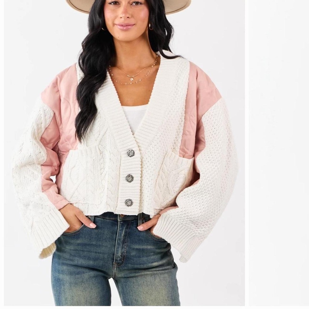 POL Cream and Dusty Blush Button Down Cardigan Size S would definitely fit a M